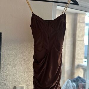 PrettyLittleThing Brown Strapless Dress with Gold Straps